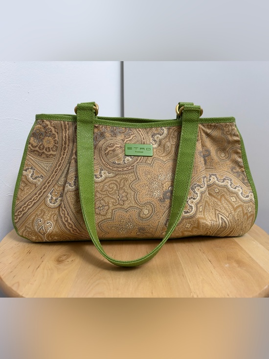 Etro Handbags - Etro Beige Paisley Bag with Green Trim and Handles